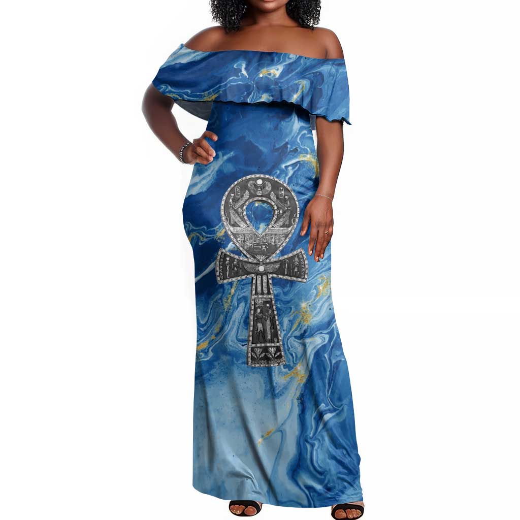 Ankh On Blue Off Shoulder Maxi Dress Pan African