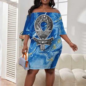 Ankh On Blue Off Shoulder Short Dress Pan African