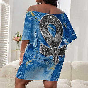 Ankh On Blue Off Shoulder Short Dress Pan African