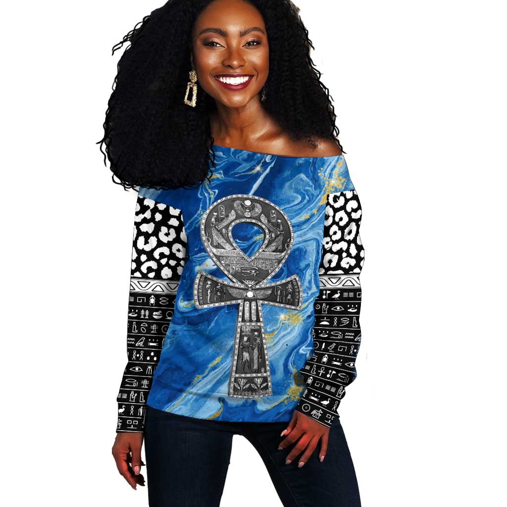 Ankh On Blue Off Shoulder Sweater Pan African