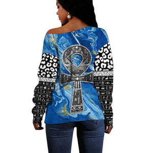 Ankh On Blue Off Shoulder Sweater Pan African