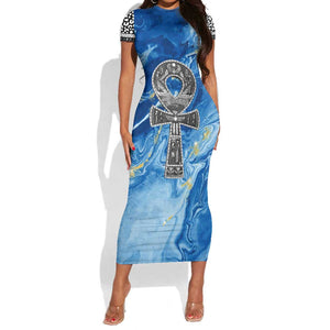 Ankh On Blue Short Sleeve Bodycon Dress Pan African