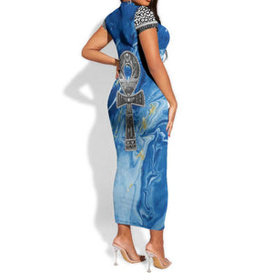 Ankh On Blue Short Sleeve Bodycon Dress Pan African DT02