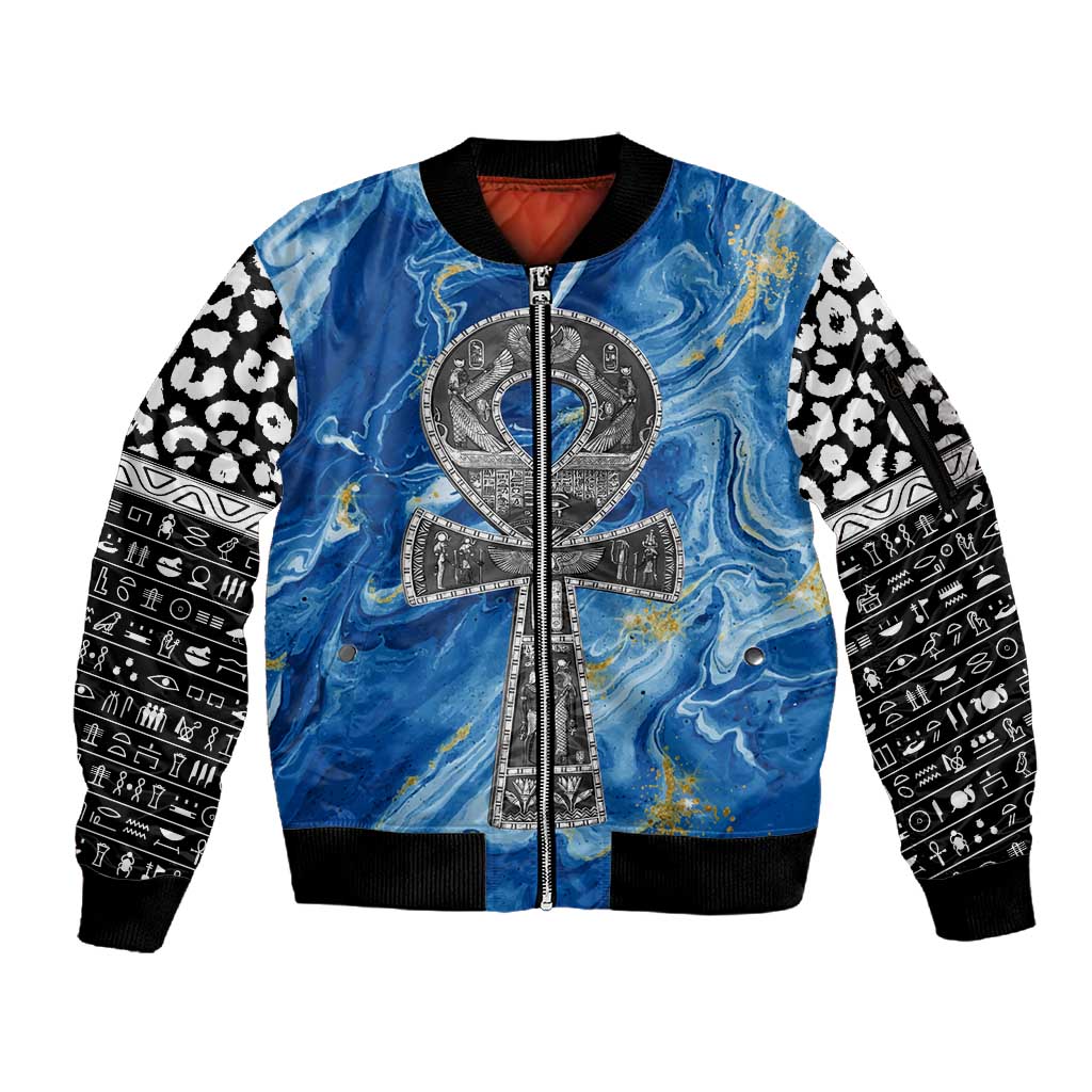 Ankh On Blue Sleeve Zip Bomber Jacket Pan African