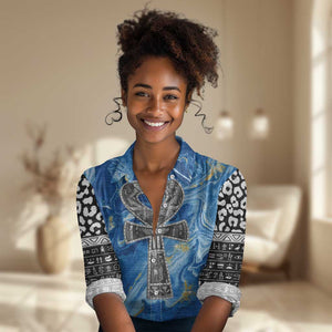 Ankh On Blue Women Casual Shirt Pan African DT02
