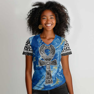 Ankh On Blue Women V-Neck T-Shirt Pan African