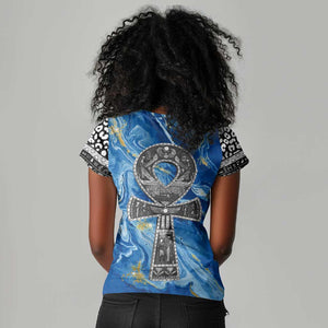 Ankh On Blue Women V-Neck T-Shirt Pan African