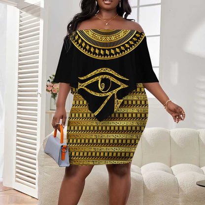 Eyes Of Horus Off Shoulder Short Dress Egyptian Art