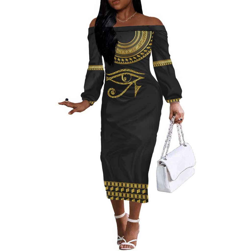 Eyes Of Horus Off The Shoulder Long Sleeve Dress Egyptian Art