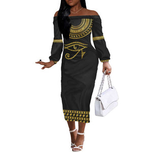 Eyes Of Horus Off The Shoulder Long Sleeve Dress Egyptian Art