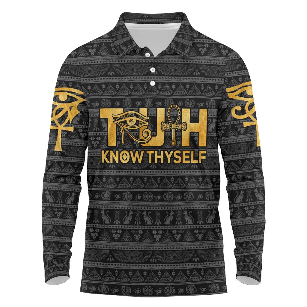 Personalized Truth Know Thyself Long Sleeve Polo Shirt Eye of Horus and Ankh