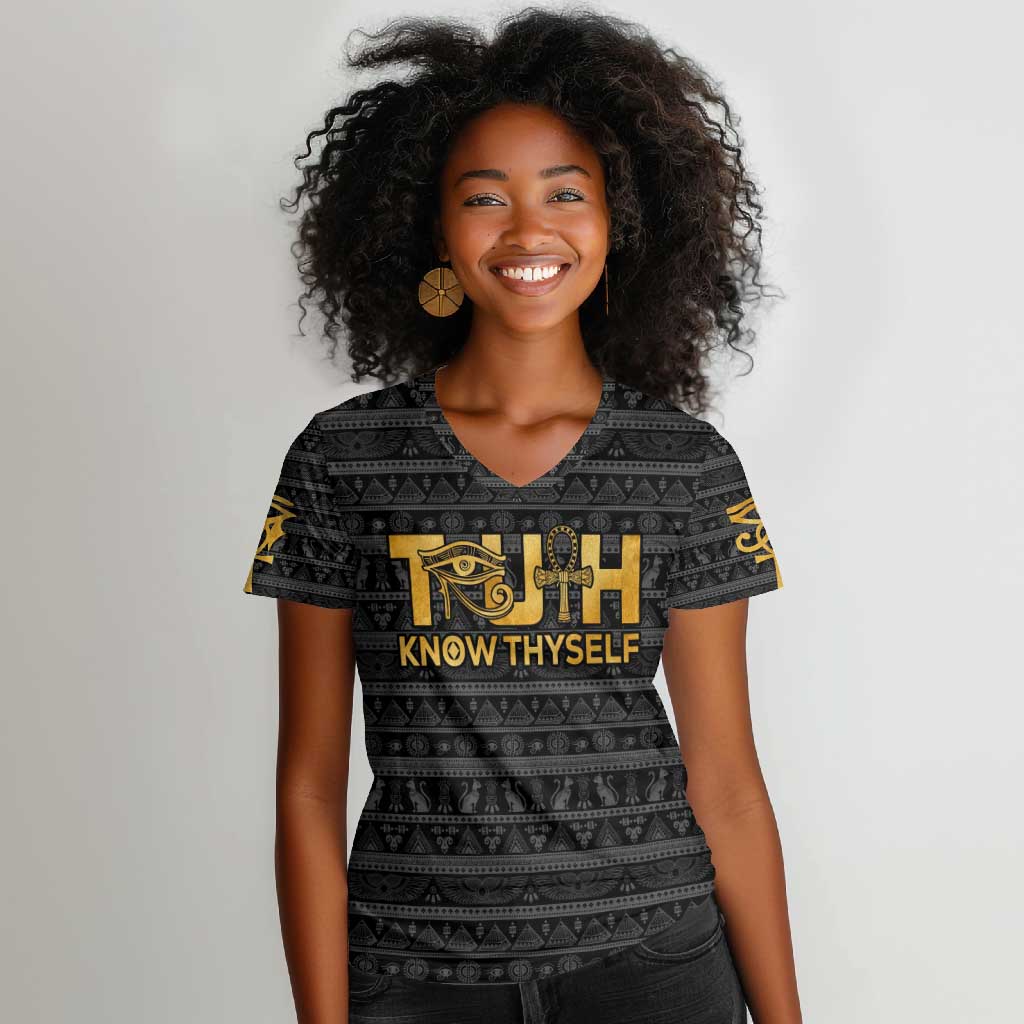 Personalized Truth Know Thyself Women V-Neck T-Shirt Eye of Horus and Ankh