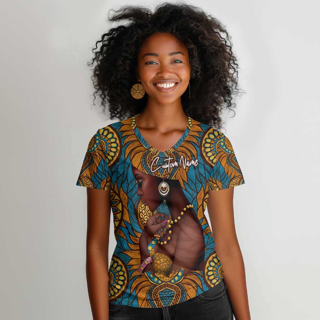 Personalized Black Girl Flora Women V-Neck T-Shirt African Women