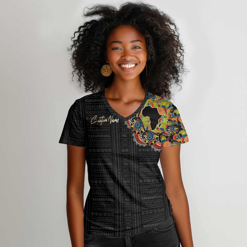 Personalized Sleeve African Pattern Women V-Neck T-Shirt Multi-Colored