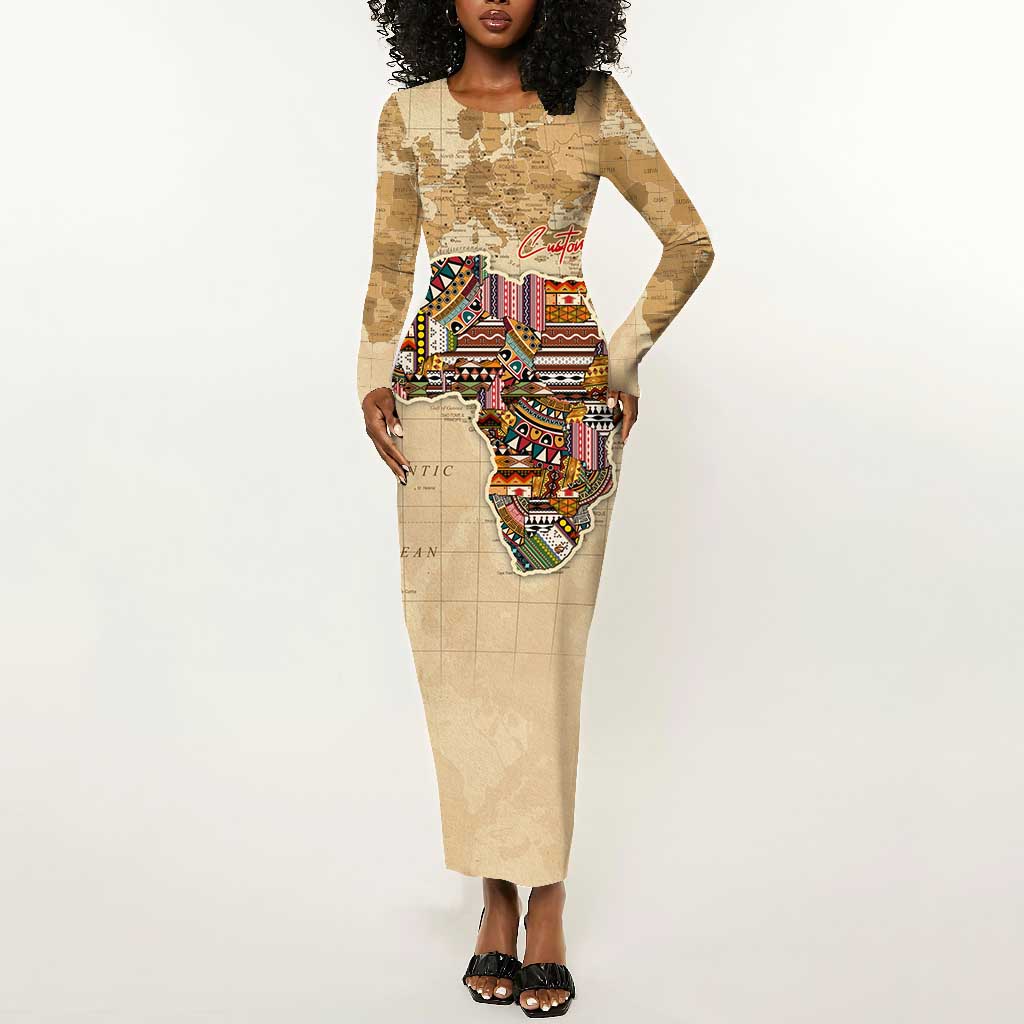 Personalized Africa On World Map Long Sleeve Bodycon Dress