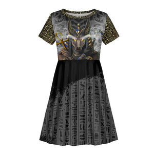 Anubis Kid Short Sleeve Dress Egypt Pattern Black