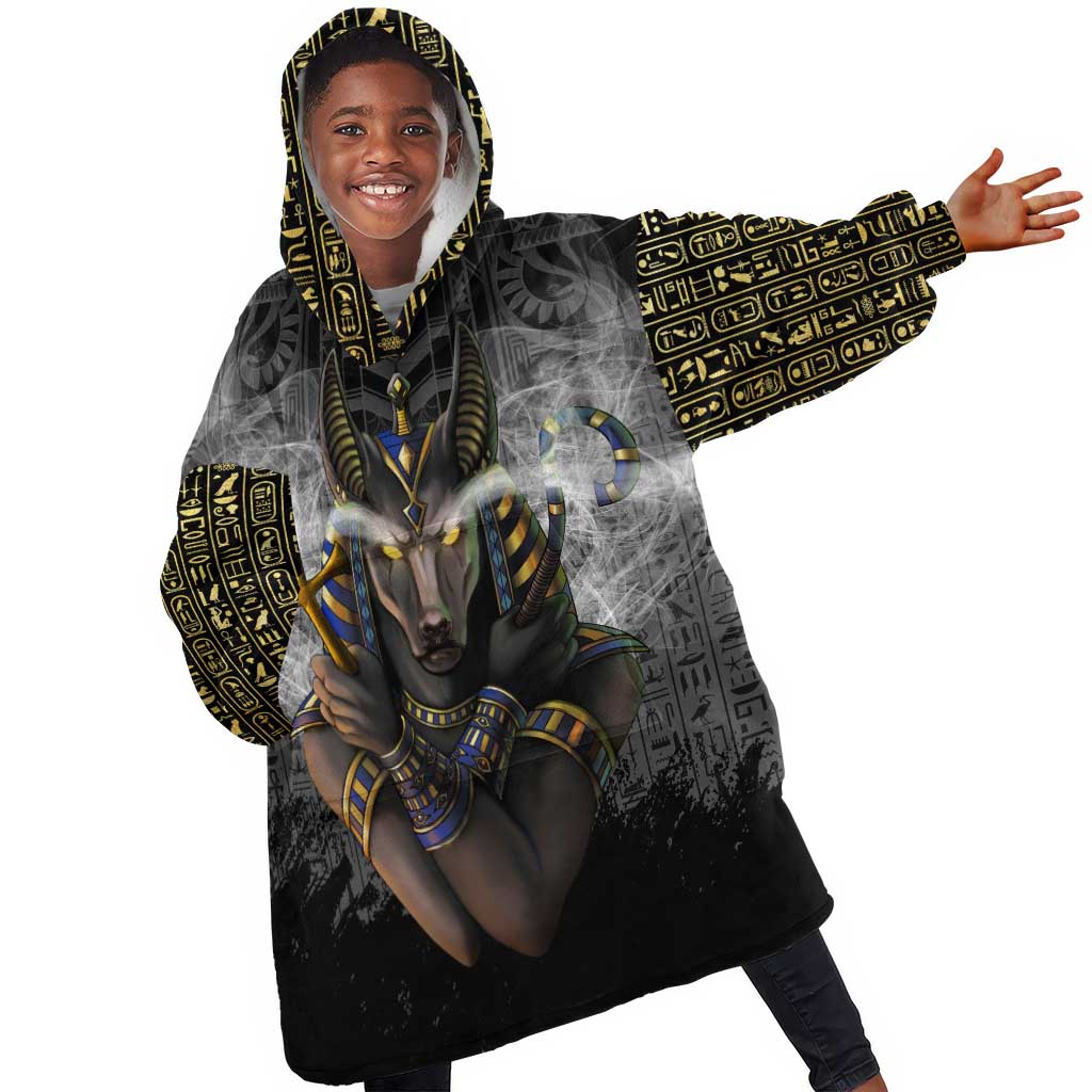 Anubis KId Wearable Blanket Hoodie Egypt Pattern Black