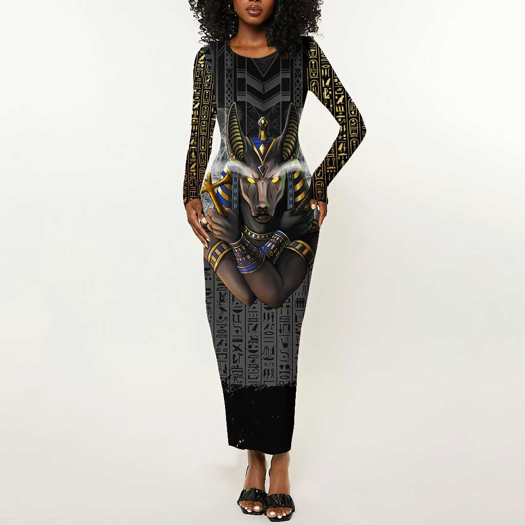 Anubis Long Sleeve Bodycon Dress Egypt Pattern Black