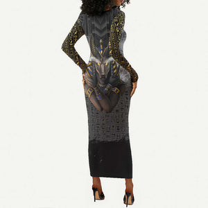 Anubis Long Sleeve Bodycon Dress Egypt Pattern Black