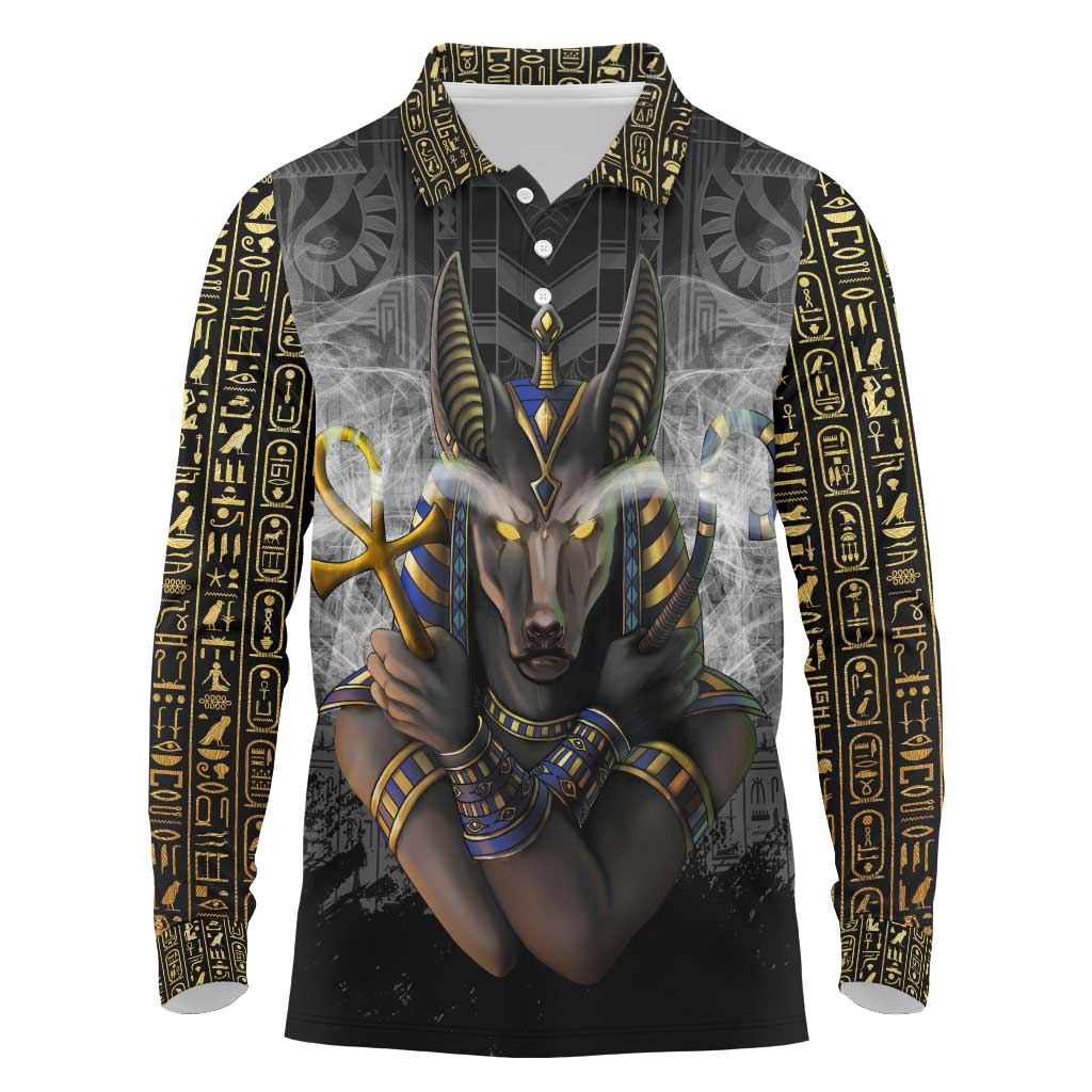 Anubis Long Sleeve Polo Shirt Egypt Pattern Black