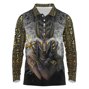 Anubis Long Sleeve Polo Shirt Egypt Pattern Black