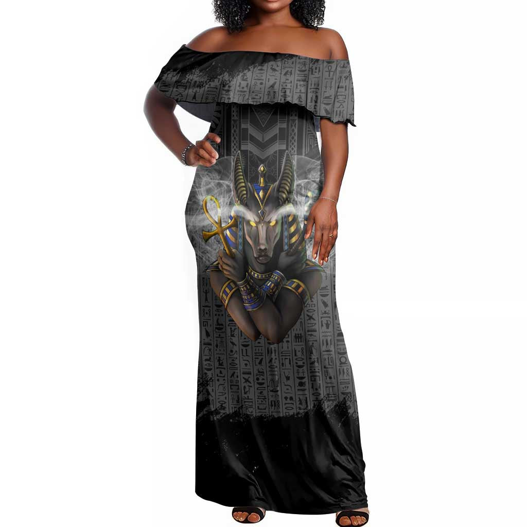 Anubis Off Shoulder Maxi Dress Egypt Pattern Black