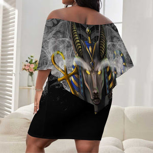 Anubis Off Shoulder Short Dress Egypt Pattern Black