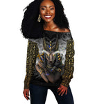 Anubis Off Shoulder Sweater Egypt Pattern Black