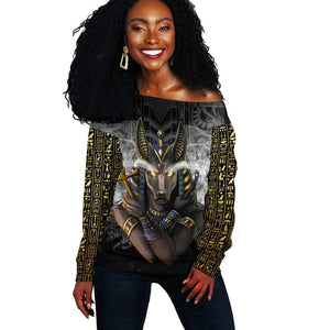 Anubis Off Shoulder Sweater Egypt Pattern Black