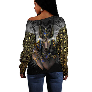 Anubis Off Shoulder Sweater Egypt Pattern Black