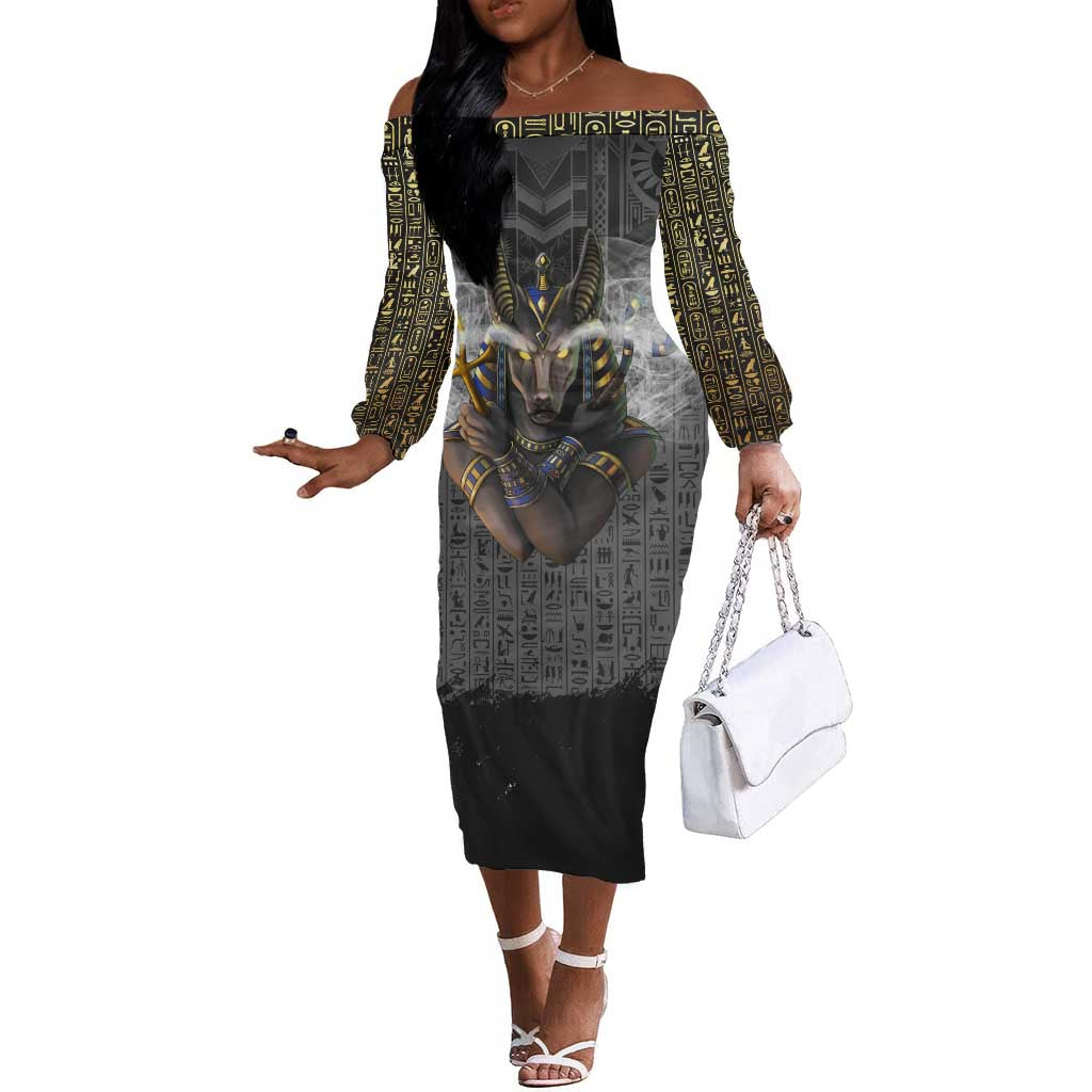 Anubis Off The Shoulder Long Sleeve Dress Egypt Pattern Black