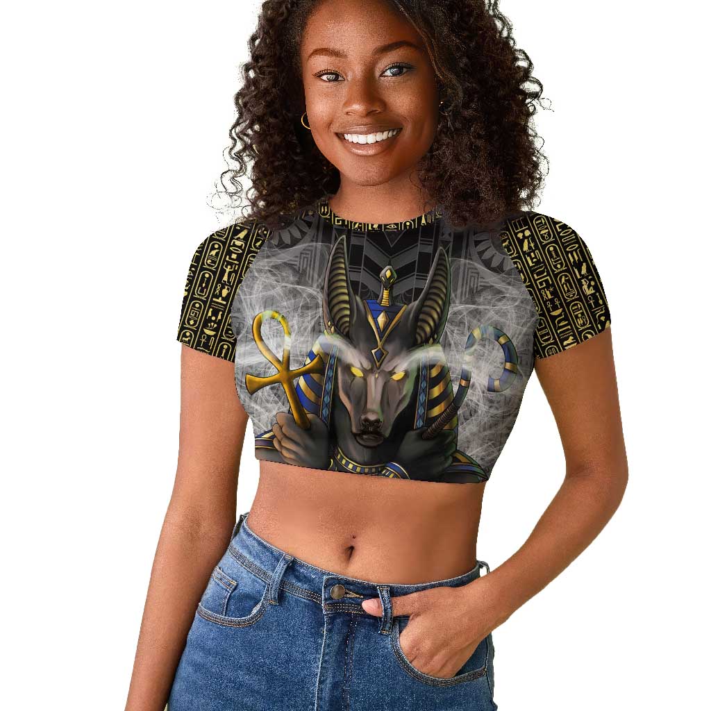 Anubis Raglan Cropped T shirt Egypt Pattern Black