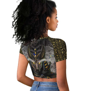 Anubis Raglan Cropped T shirt Egypt Pattern Black