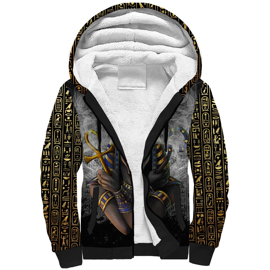 Anubis Sherpa Hoodie Egypt Pattern Black