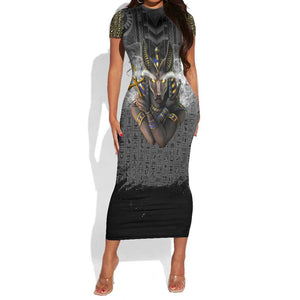 Anubis Short Sleeve Bodycon Dress Egypt Pattern Black