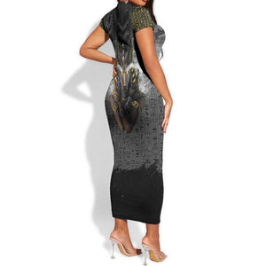 Anubis Short Sleeve Bodycon Dress Egypt Pattern Black