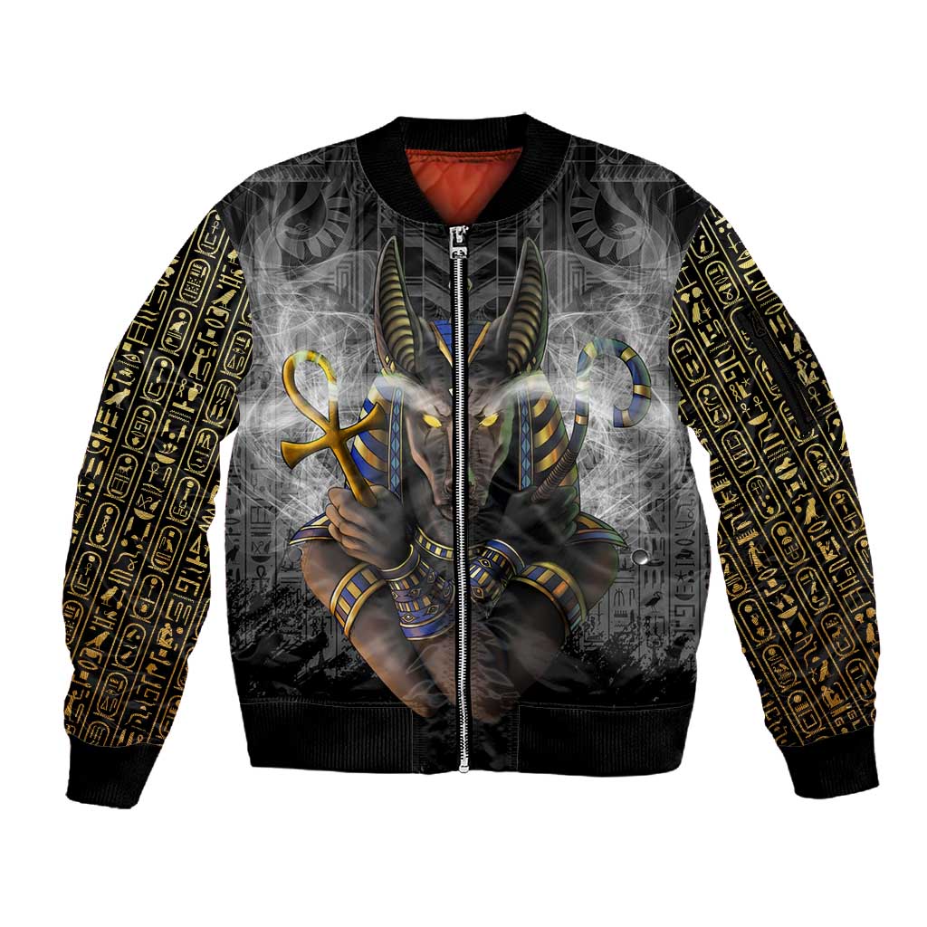 Anubis Sleeve Zip Bomber Jacket Egypt Pattern Black