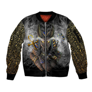 Anubis Sleeve Zip Bomber Jacket Egypt Pattern Black