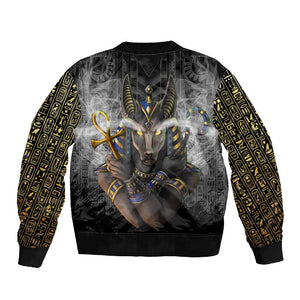 Anubis Sleeve Zip Bomber Jacket Egypt Pattern Black