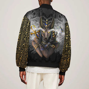 Anubis Sleeve Zip Bomber Jacket Egypt Pattern Black