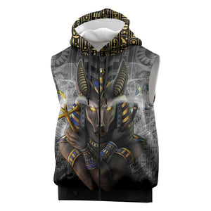 Anubis Sleeveless Zip Hoodie Egypt Pattern Black - African Pride