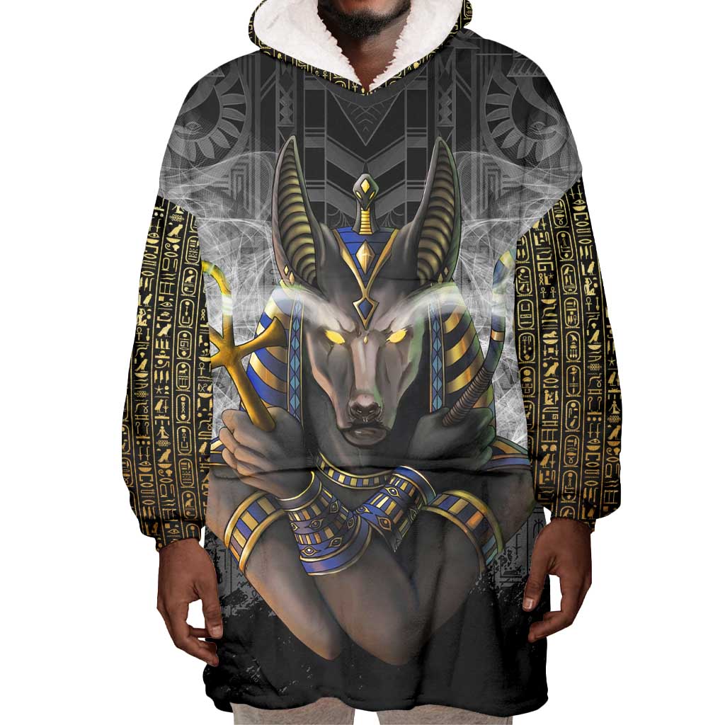 Anubis Wearable Blanket Hoodie Egypt Pattern Black