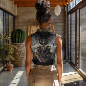 Anubis Women Sleeveless Polo Shirt Egypt Pattern Black