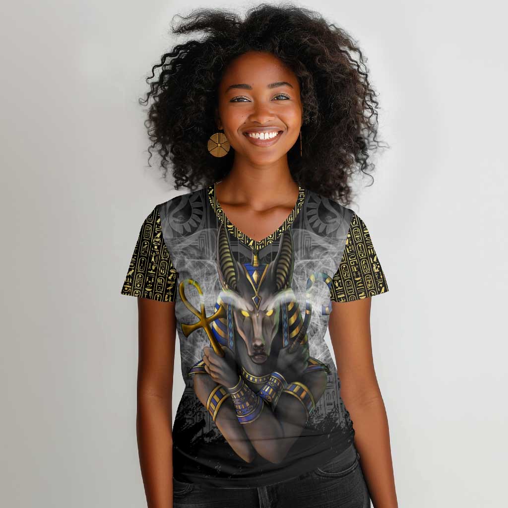 Anubis Women V-Neck T-Shirt Egypt Pattern Black