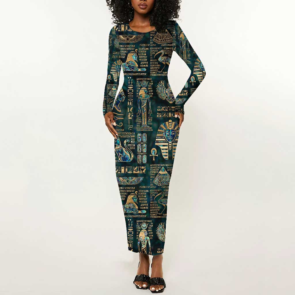 Egyptian Hieroglyphs And Deities Long Sleeve Bodycon Dress