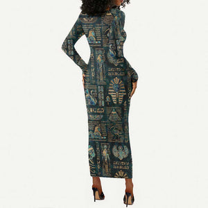 Egyptian Hieroglyphs And Deities Long Sleeve Bodycon Dress