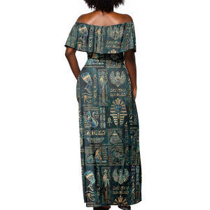 Egyptian Hieroglyphs And Deities Off Shoulder Maxi Dress