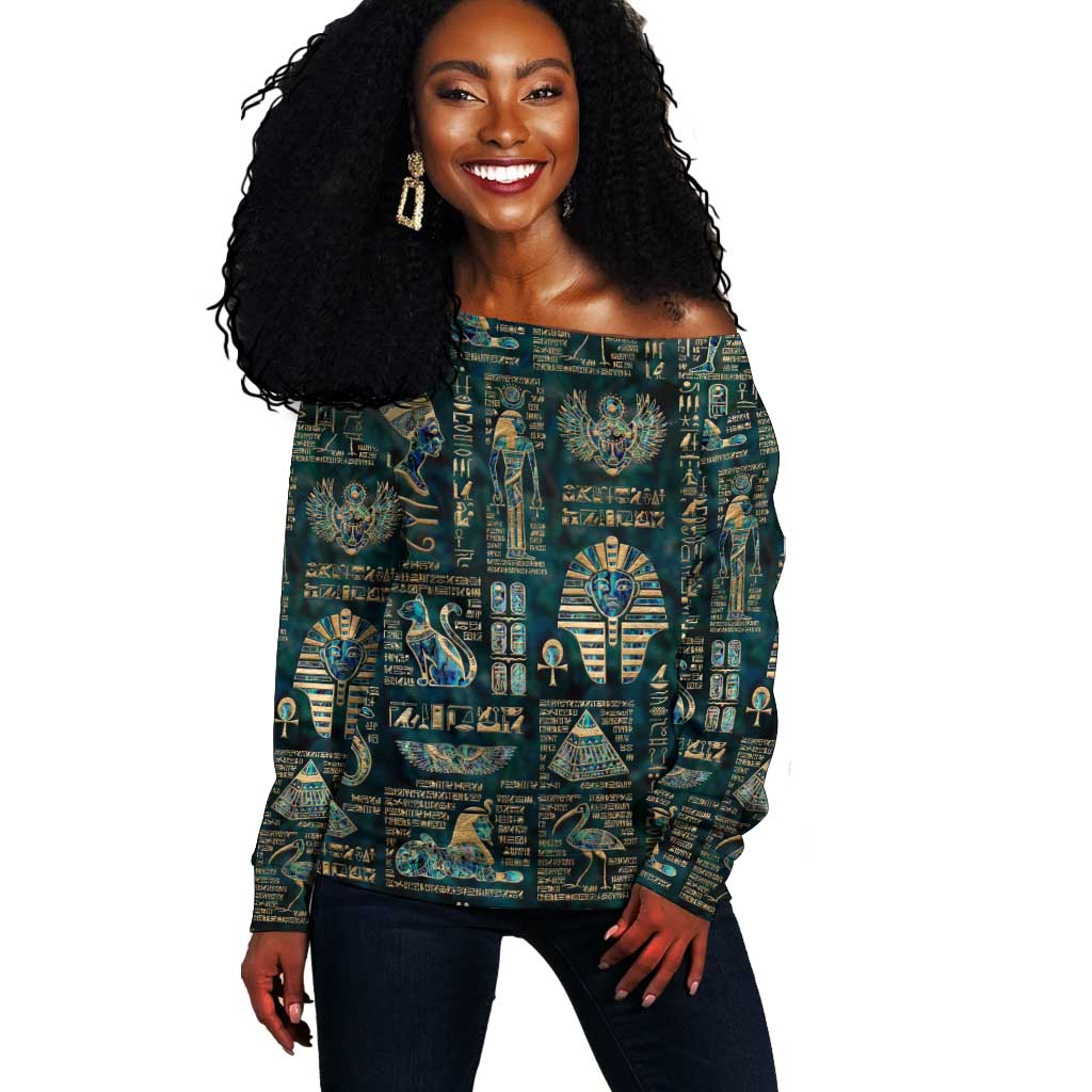 Egyptian Hieroglyphs And Deities Off Shoulder Sweater