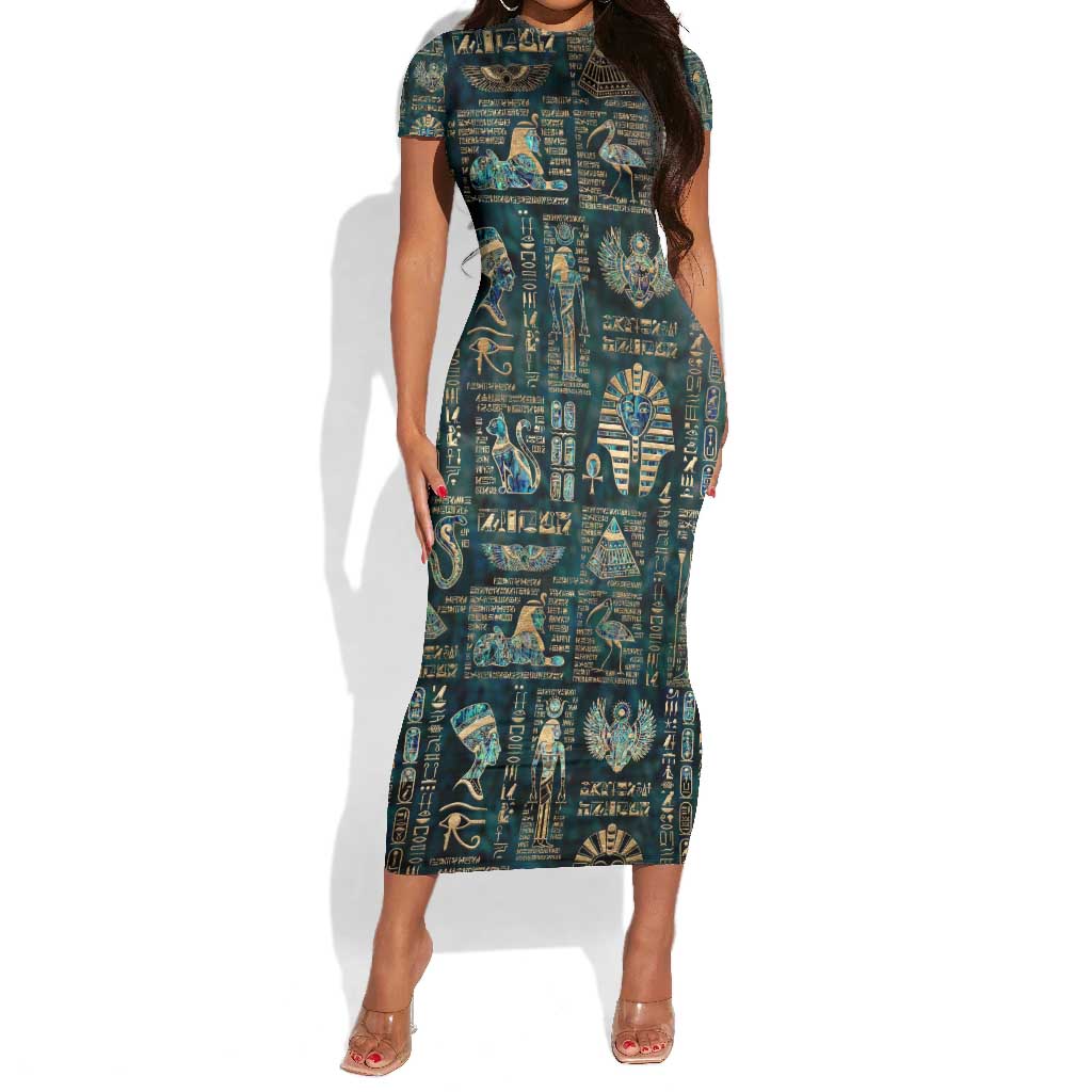 Egyptian Hieroglyphs And Deities Short Sleeve Bodycon Dress