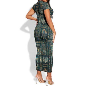 Egyptian Hieroglyphs And Deities Short Sleeve Bodycon Dress